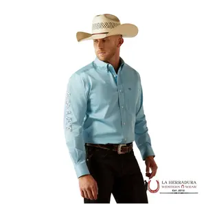 ARIAT MENS TEAM LOGO TWILL CLASSIC LONG SLEEVE AHIRT LIGHT BLUE/BLUE CLASSIC FIT - 10055235