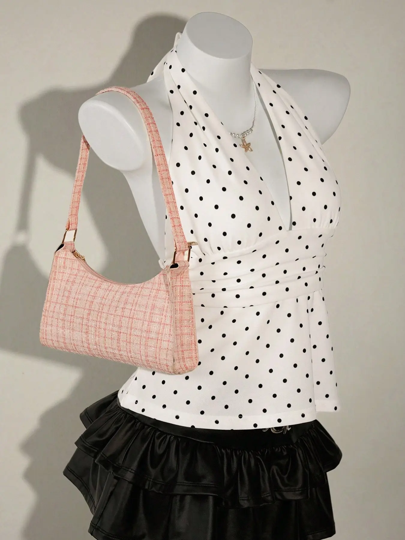 Women's Polka Dot Camisole Neck Halter Tank Deep V Neck Ruched Waist Tie Back Heart Shape Hemline Elegant Sleeveless Top Cami Tank Tops Fitted Cami Top Fashion Design Halter Neck Cami