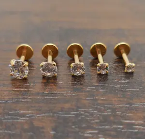 18g 2-4mm Tragus Threadless Push Pin 6mm-8mm Nose Ring Cartilage Earrings Gold Tone Labret Triple Forward Helix Prong Set Clear CZ Stone