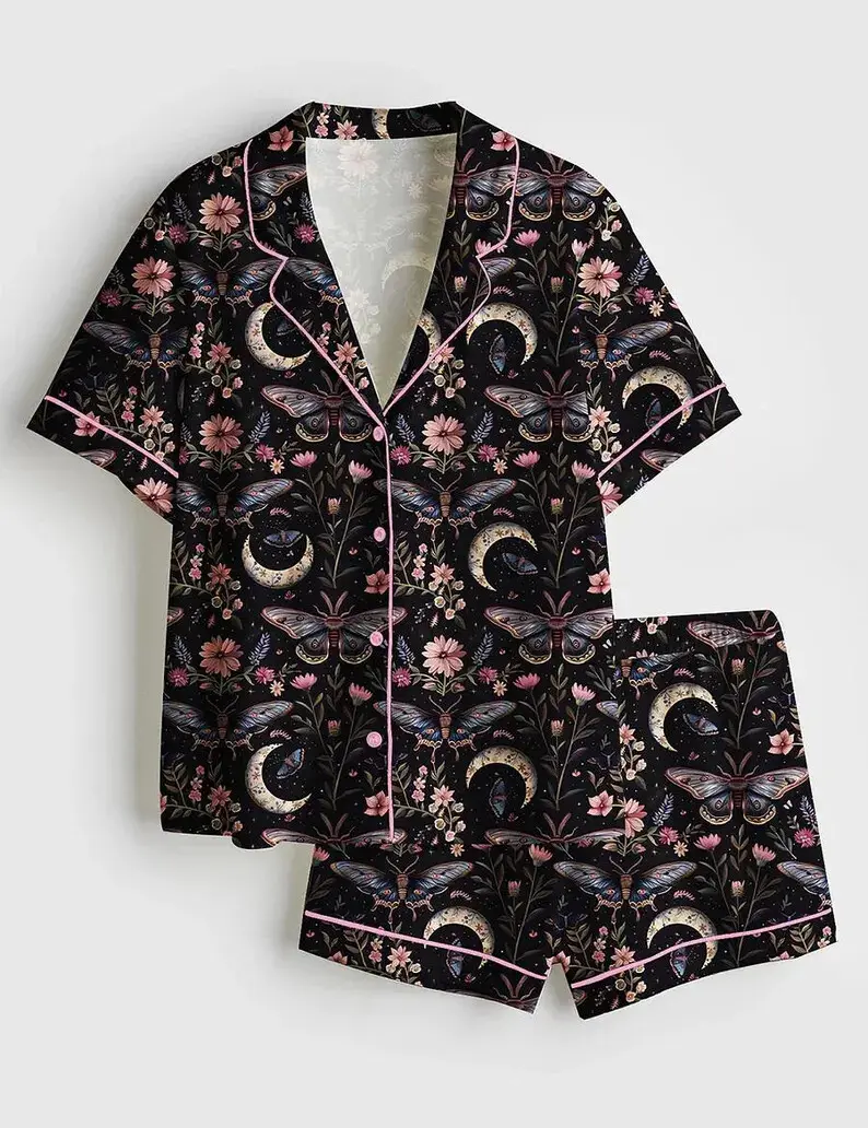 Mystical Moth Satin Pajama Set, Witchy Floral Sleepwear, Dark Cottagecore Lounge Wear, Celestial Night Garden Gift for Women
