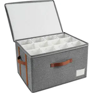 Stemware Storage Cases,Wine Glass Storage Box,with Dividers, Holds 12 Red or White Wine Glasses, Durable Glassware Storage Containers for Crystal or Stemware(Grey red, Stemware storage cases)