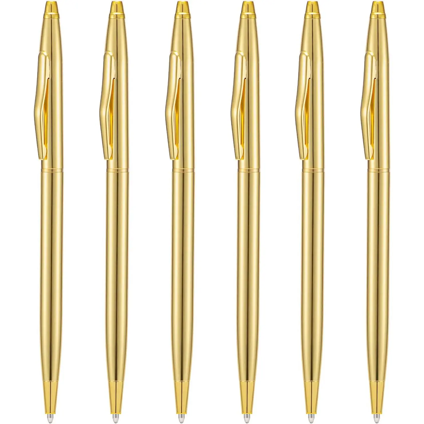 6 count Golden Slim Metal Ballpoint Pen, 1mm Medium Point Black Ink Smooth Writing, for Business Office Teacher Student Wedding Guest