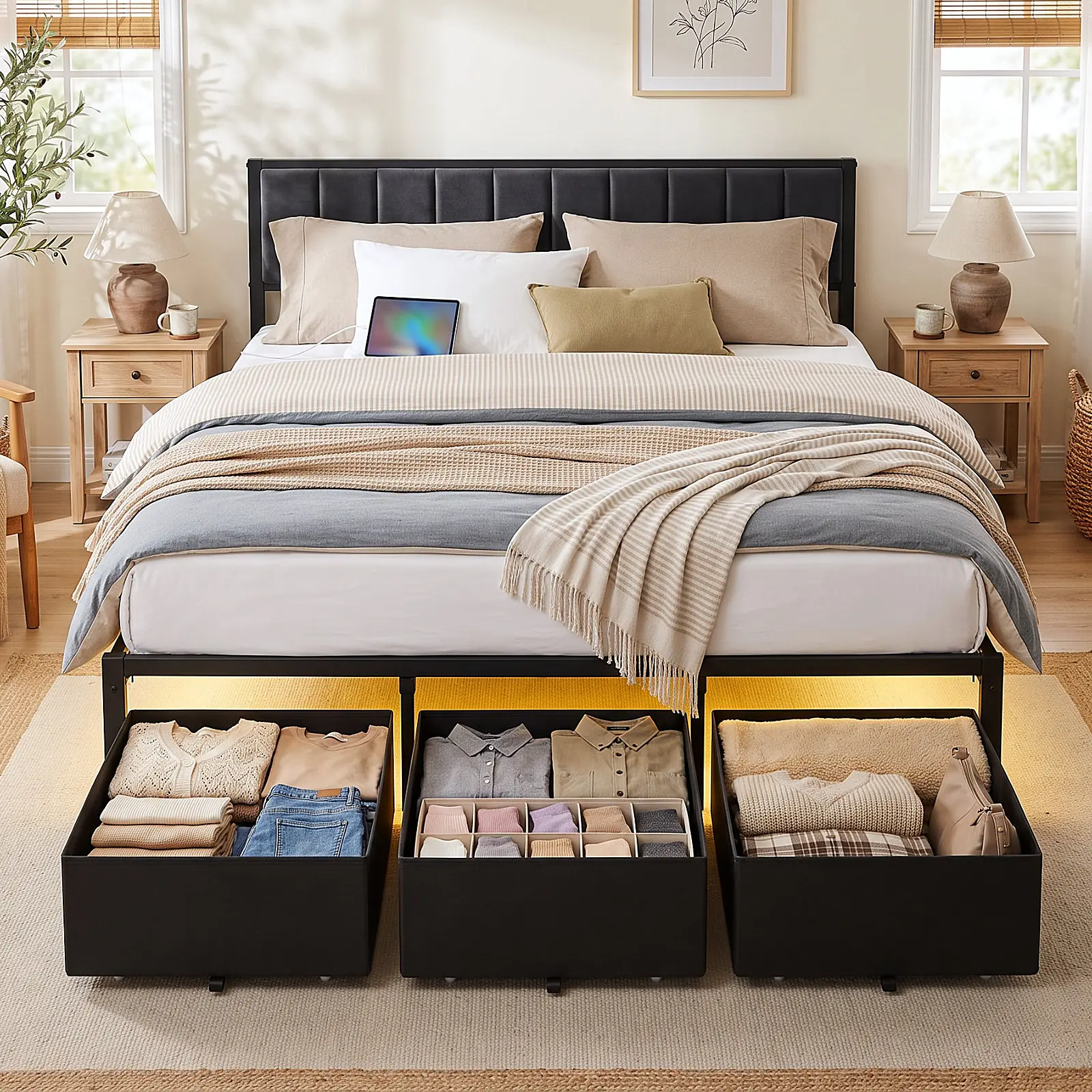 Upholstered Bed Frame with RGB LED Lights, 3 Rolling Storage Drawers, Music Sync, Heavy-Duty Metal Platform, No Box Spring Needed, Twin/Full/Queen/King, Black