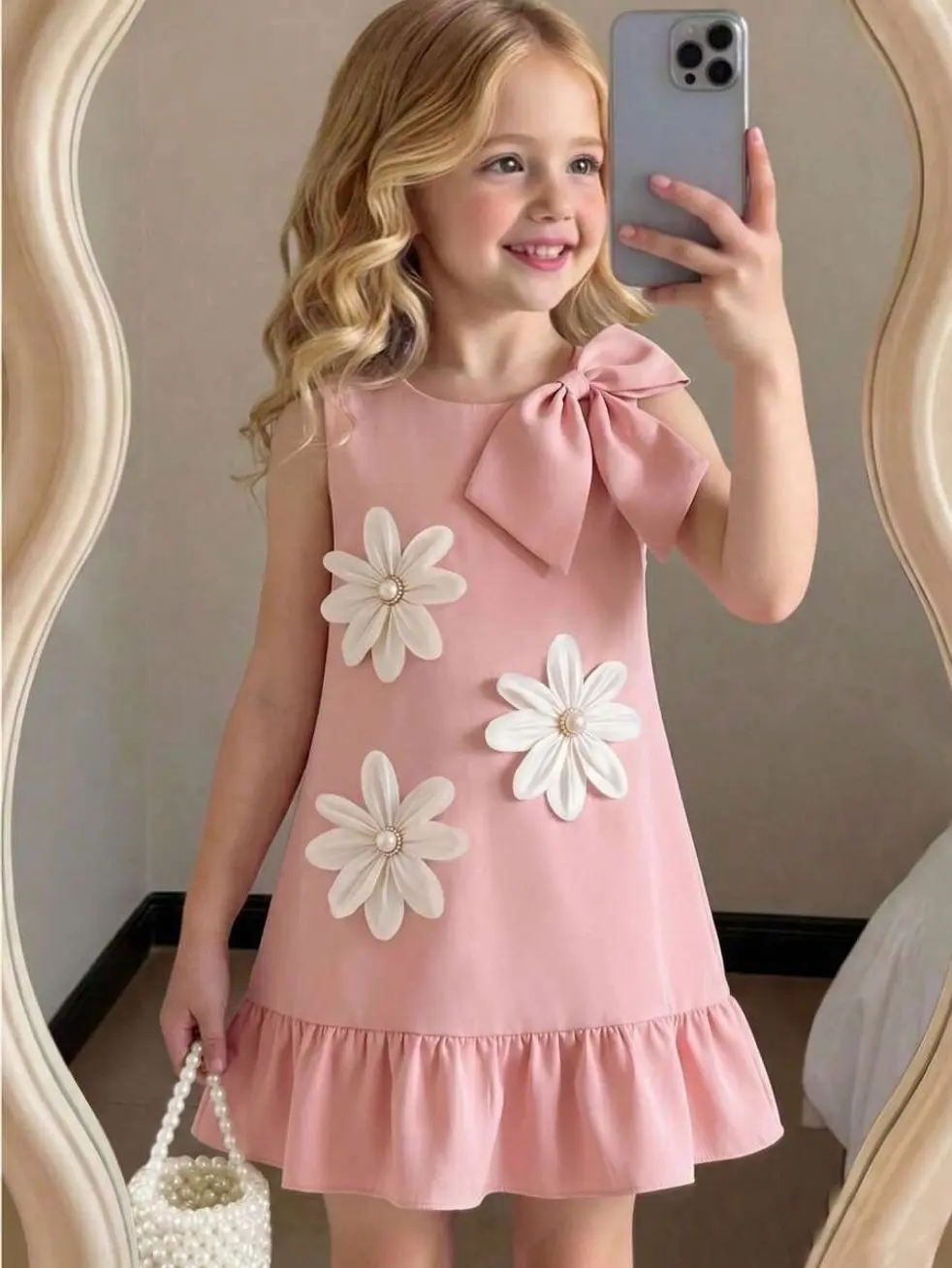Kids clothing girls - Girls Sleeveless A-Line Party Dress, Handmade 3D Bow and Flower Decor Casual Kids Dress girls clothes for kids clean girl clothes cute college girl clothes girly clothing trendy tops for school