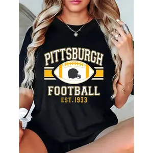 Women's Pittsburgh Football Graphic T-Shirt, EST 1933 Helmet & Football Design, Game Day Casual Top for Fans 100% Cotton T-shirt