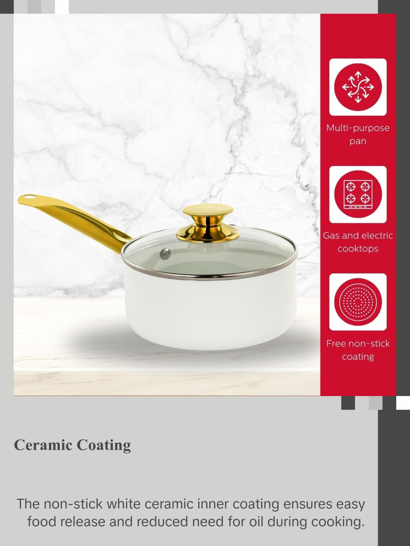 2.5QT CERAMIC NONSTICK SAUCE PAN WHITE & GOLD COLOR