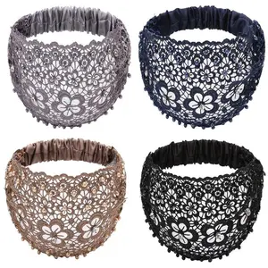 Soft Headbands for Women, 4-Pack Vintage Bohemian Lace with Faux Pearls, Wide Hollow Stretch Hair Accessories for Yoga & Workouts, Soft Headband