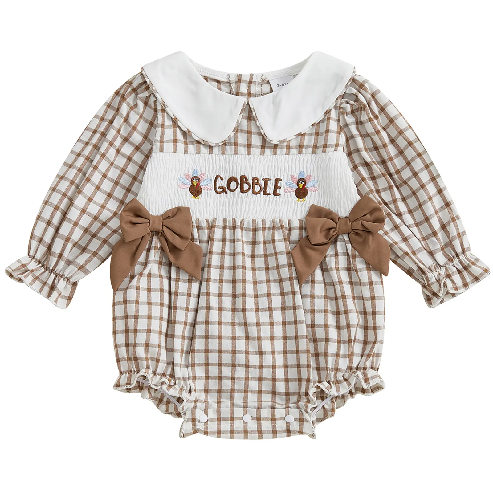 Newborn Baby Girl Cotton Thanksgiving Outfit - 6-12 Months Long Sleeve Plaid/Checkered Pattern Smocked Bubble Romper with Ruffle Bodysuit