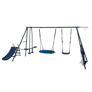 Grey and Blue Six-Function Swing Set with 31.5-inch Net Swing Metal & Plastic Construction Safe for Kids Up to 440 lbs Outdoor Playground for Ages 3+