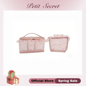 [Live Exclusive] Petit Secret Clear Makeup Bag with Heart Embroidery & Lace - See-Through Organza Cosmetic Pouch for Travel Toiletry Organizer, Perfect for Lipstick, Perfume, Jewelry | TikTok Viral 2024