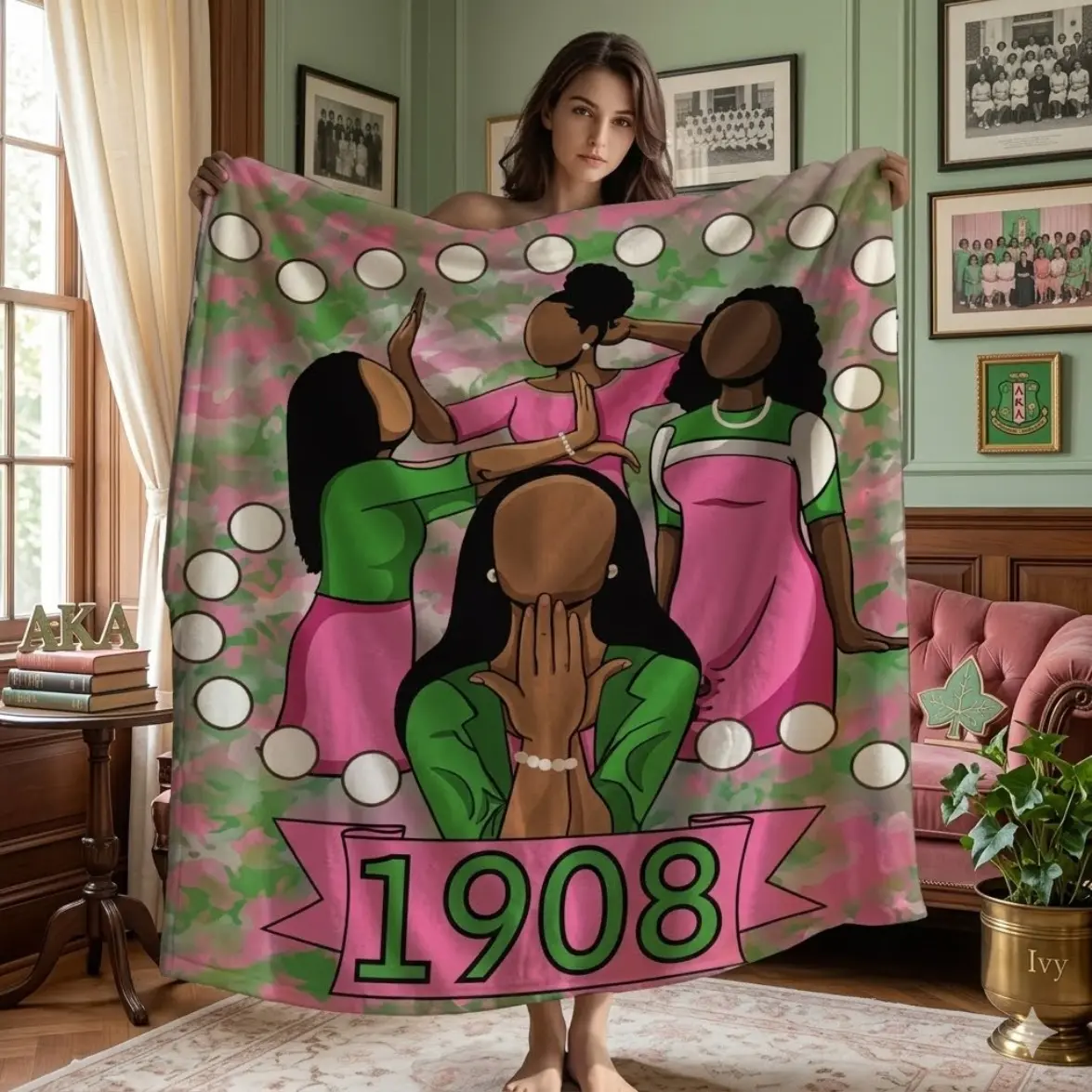 Alpha Kappa Alpha Sorority 1908 Tribute Pink Throw Blanket - Buttery Soft Art Graphic Fluffy Throw, Pink & Green Room Decor, Graduation Gift for Sorors, All-Season Multi-Purpose Travel Essential, Buttery Soft Blankets