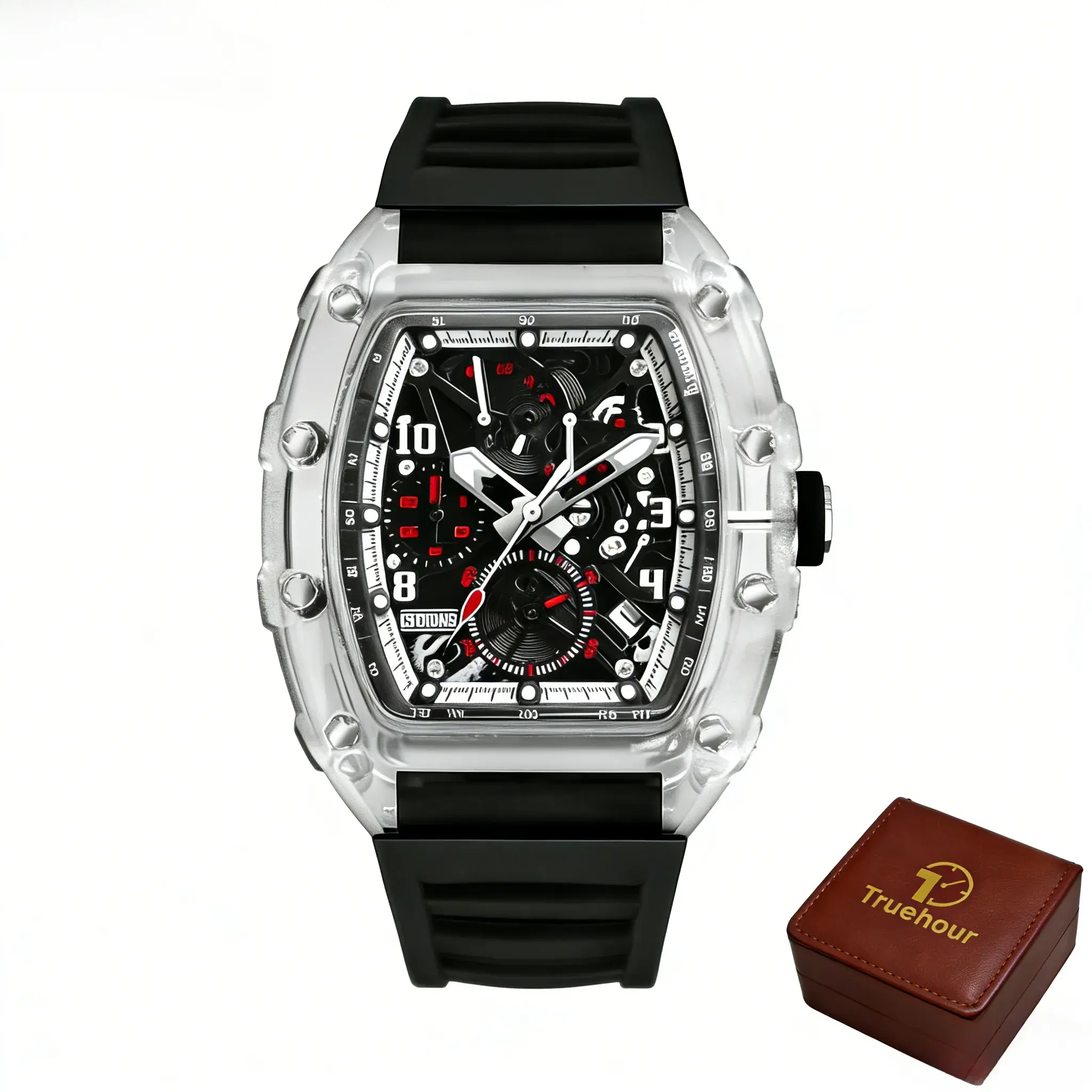 Men's 46mm Barrel Analog Quartz Watch - Mechanical Style Fashionable Wristwatch, Luminous Dial, Modern Waterproof, Hollow, Casual Sports, Clasp Closure, Unique Gifts for Man, Analog Quartz Watches, Modern Waterproof Watch