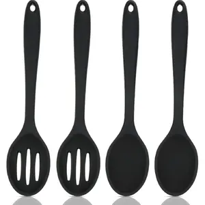 4 Pcs 10.83in Silicone Cooking Spoons Set - Heat Resistant, Nonstick, Slotted & Mixing Spoons - BPA Free Silicone - for Everyday Cooking & Baking - Perfect Gift for Home Cooks & Bakers, Black Kitchen Utensils
