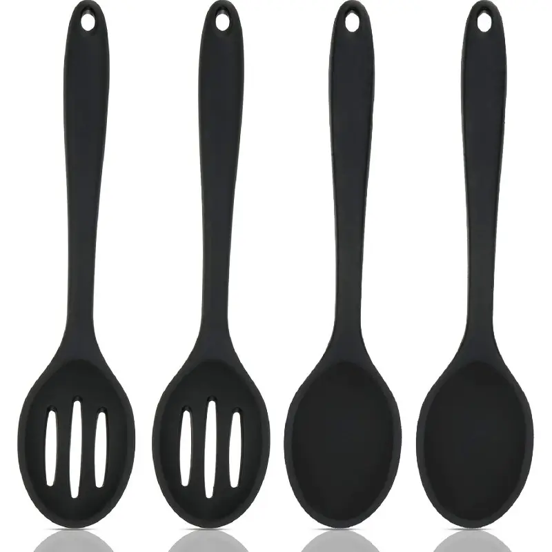 BPA-Free Food Grade Flexible Silicone Cookware Spoons Set, 4-Pcs 10.83in Nylon-Infused Durable Heat-Resistant Nonstick Utensils - Slotted Tips, Mixing Styles, Black Kitchen Tools, Ideal Gift for Home Cooks (BPA-Free Spatulas & Turners)