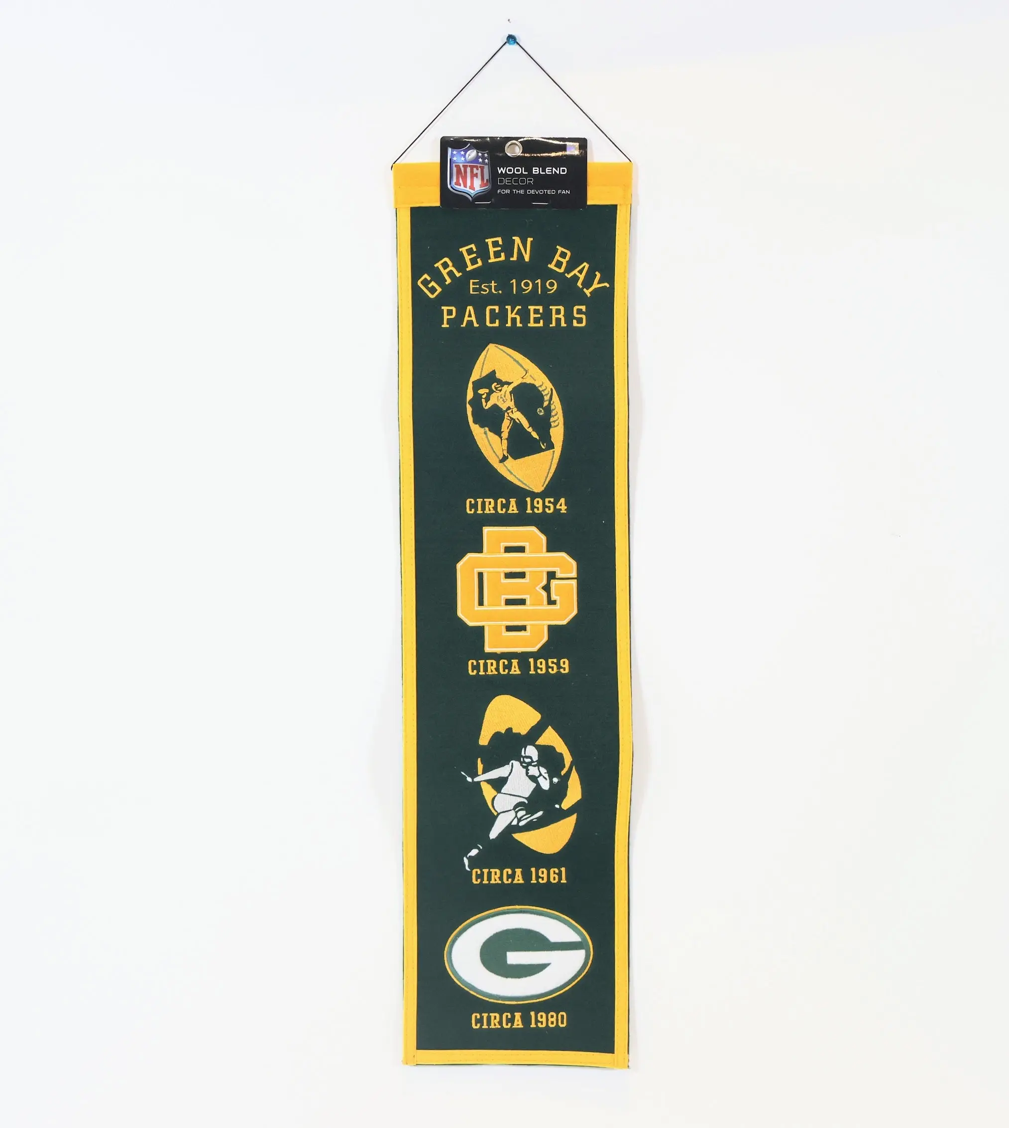 Green Bay Packers Heritage Wool Banner — 4 Historic Logos | 8" x 32"