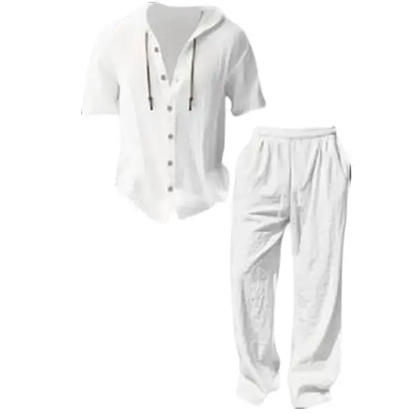 Men's 2-Piece Linen Clothing Set - Stylish Plain Short-Sleeve Hooded Sweatshirt, Drawstring Wide-Leg Pants, Washed Loose Breathable Lightweight Thin Fabric, Casual Summer Vacation Mens Clothing