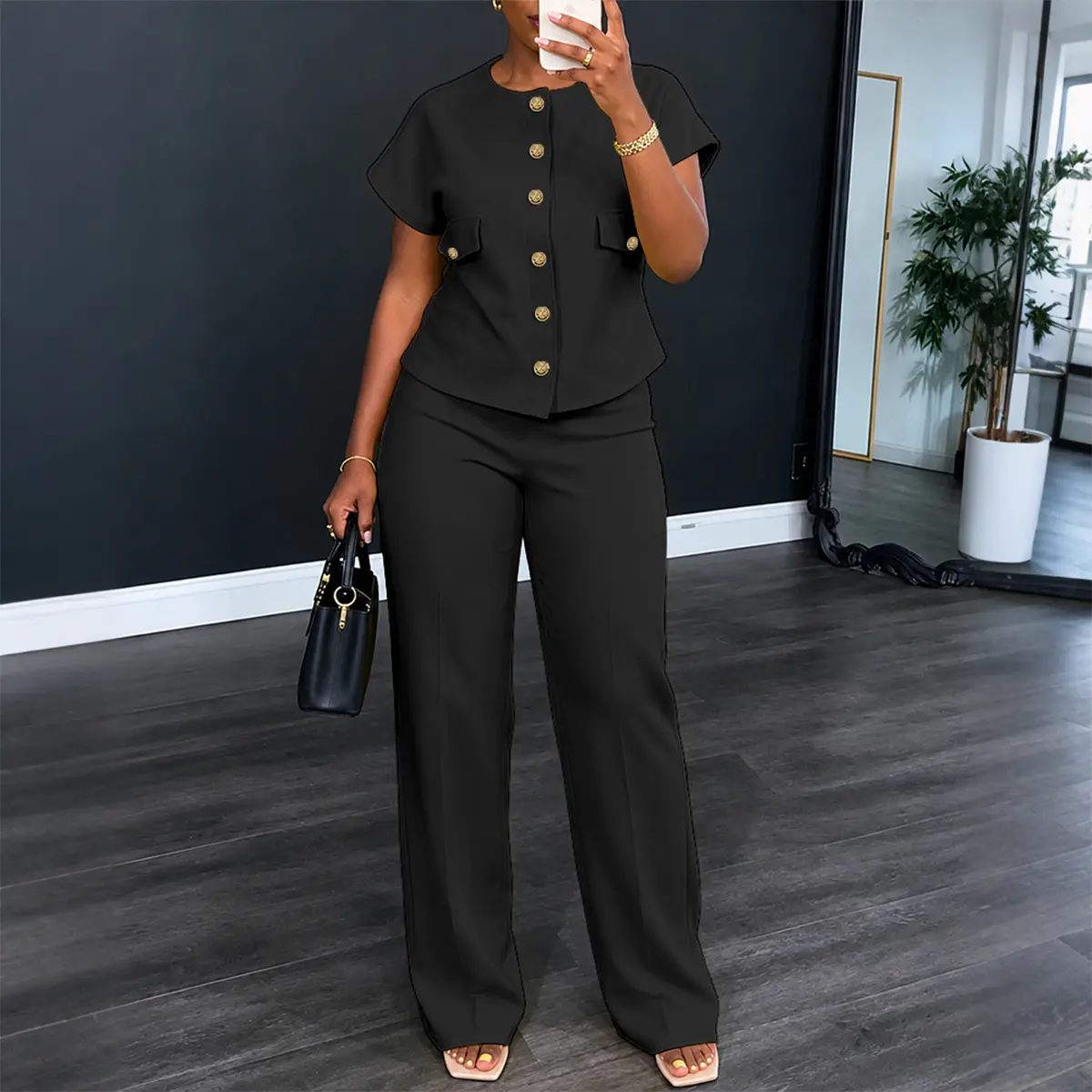 CHICME Women's 2 Piece Outfits Short Sleeve Button Down Top and Straight Leg Pants Set Casual Commuter Suits