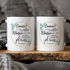 1 piece, 3A grade, Commit TO THE LORD Whatever YOU DO, AND HE WILL ESTABLISH YOUR plans Proverbs 16:8, classic bible quote coffee mug, 11 oz ceramic decorative tea cup ideal birthday gift for office/ house living/ party/ anniversary