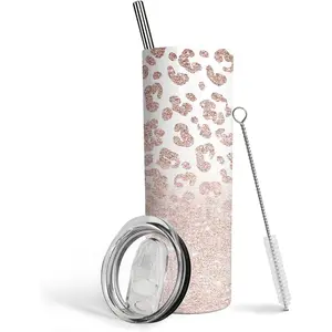 20oz Leopard Printed Stainless Steel Vacuum Insulated Flask - Women's Portable Splashproof Travel Coffee Tumbler with Lid and Straw, Pink Water Bottle, Stainless Steel Drinkware