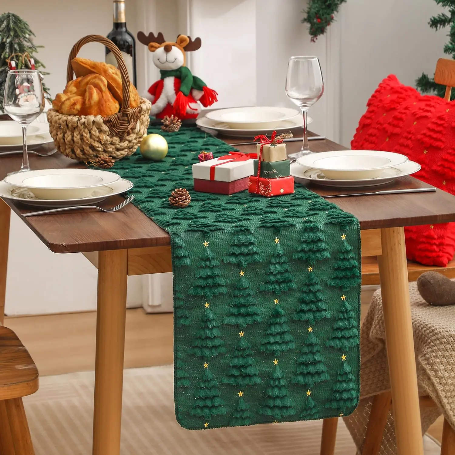 Christmas Art Deco Prints Rectangle Table Runner, 13x72in Heat Protection Xmas Trees Star Farmhouse Decor for Kitchen Dining, Indoor Birthday Dinner Party