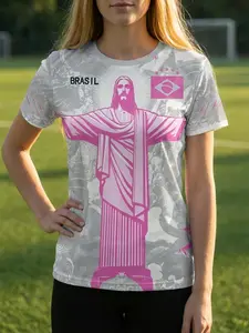Women's Loose Fit Brazil Christ the Redeemer Soccer Jersey, Football Jersey, & Tribal Print, Breathable Athletic Streetwear, Sporty Style