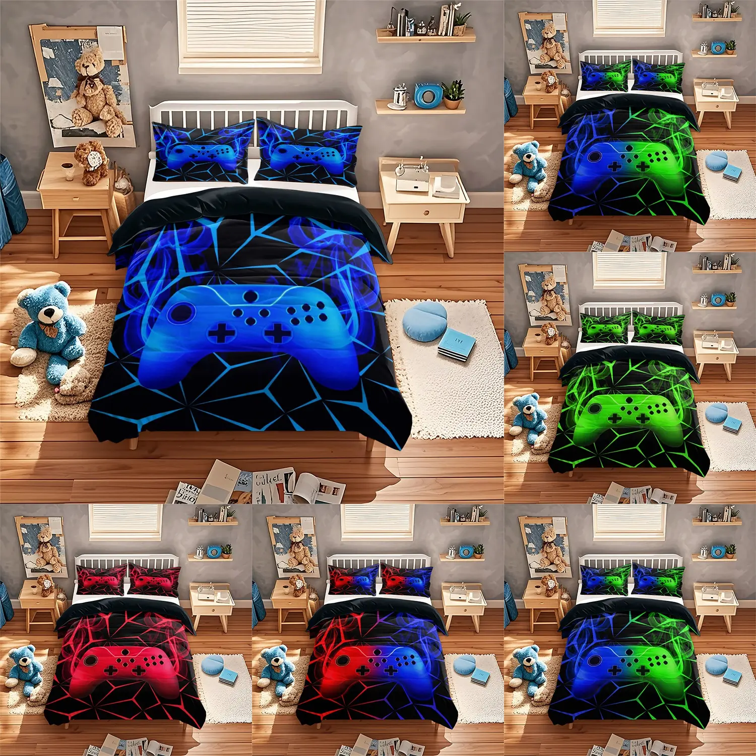 3PCS Colorful Game Machine Pattern Theme Cool Bedding Set, Bed Sets, including a duvet cover and two pillowcases, suitable for bedrooms, available in different sizes and machine washable