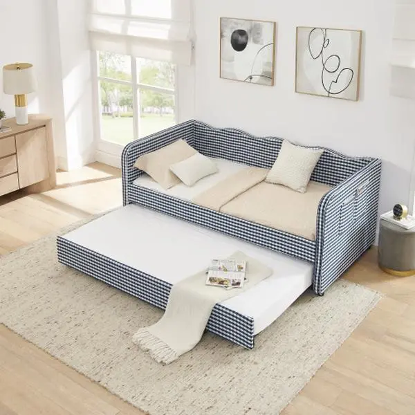 Bellemave Twin-Size Gingham Upholstered 3-in-1 Convertible Daybed with Pull-Out Trundle, Side Storage Pockets, Ideal for Small-Space Living & Room Layouts