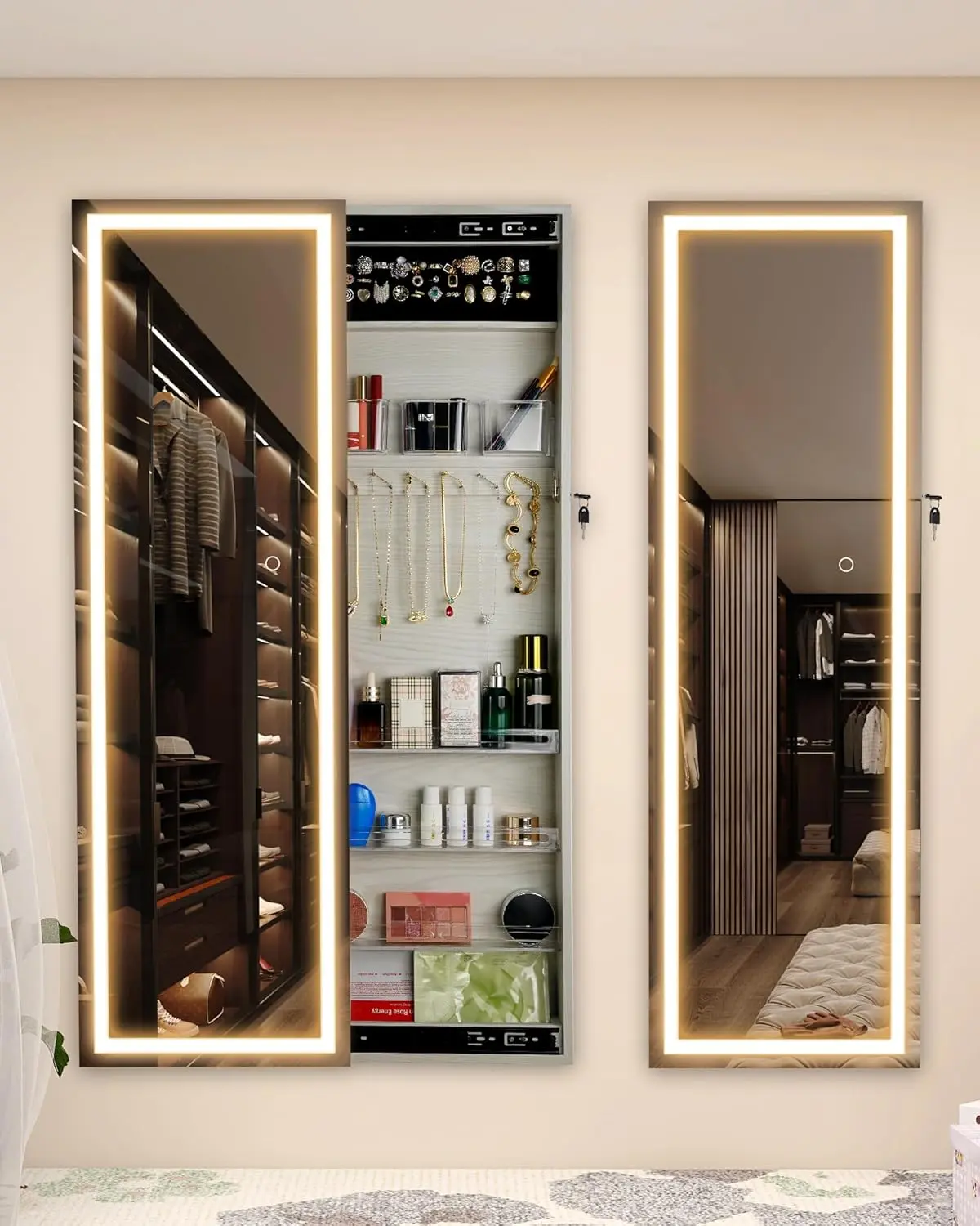 STARLEAD LED Locking Glass Mirror Jewelry Cabinet - 47.3in Tall Large-Scale Bathroom Storage Cabinet, Wall-Mounted/Door-Mounted, Brightness-Adjustable Sliding Door, Full-Length Illuminated Mirror, Locking Mirror Cabinets