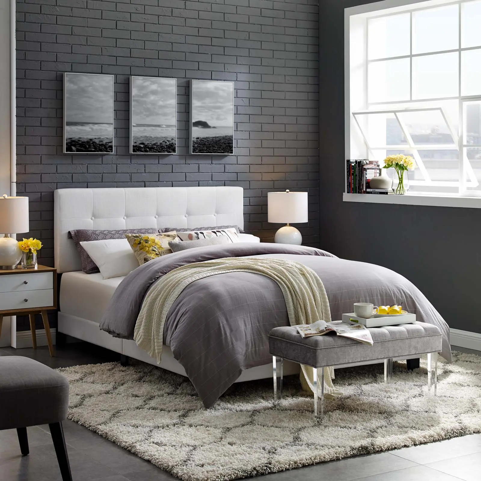 Modway Amira Queen Upholstered Fabric Bed in White