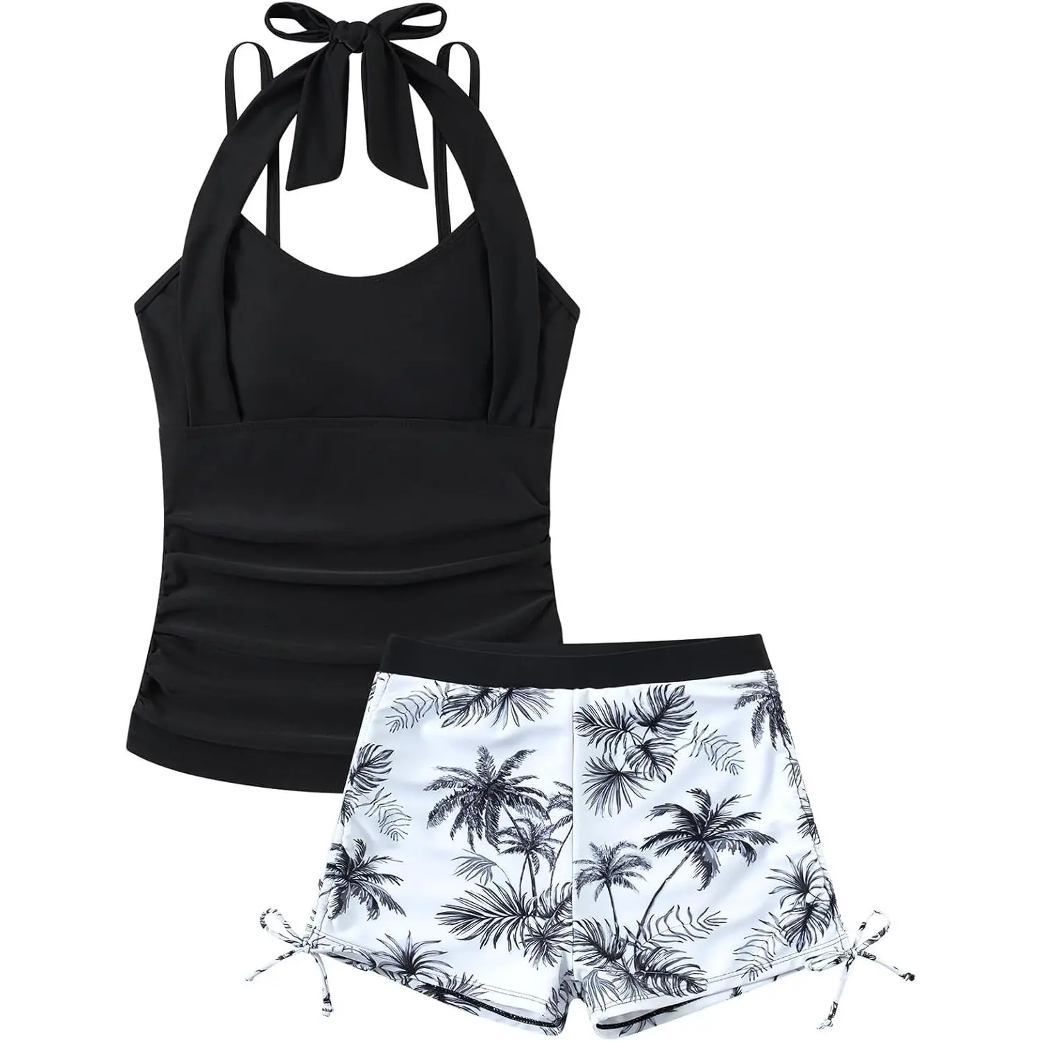 Girls' 2-Pieces Halter Neck Tween Swimsuit Set - Sleeveless Tropical Print, Adjustable Fit, Modest Cut Beachwear for 7-16 Years