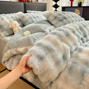 Rabbit Plush Blue White Comforter Sets Decorative Bedding Set - 3/4PC Faux Fur Bed Set Skin Friendly Soft Warm Velvet Flannel Fluffy Fuzzy Bedding（Comforter Cover x 1, Flat Sheet x 1,Pillowcases x 1/2,No Fillers)