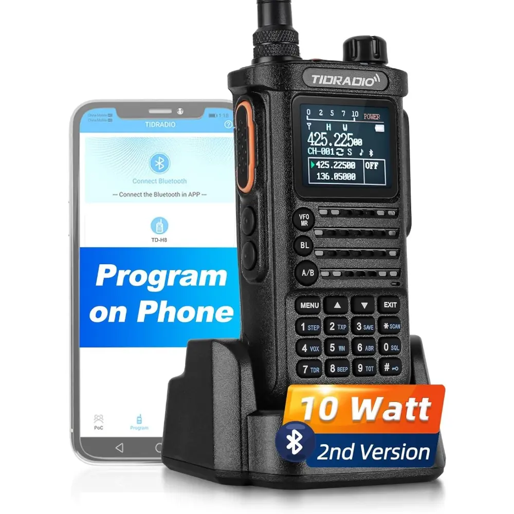 TIDRADIO TD-H8 Radio 10Watt 2500mAh Capacity Survival Gear Solid Performance Handheld Walkie Talkies Wireless Programming Module with Repeater List for Camping Hunting Security(2nd Gen), Two Way Radio, Dual Band Radio
