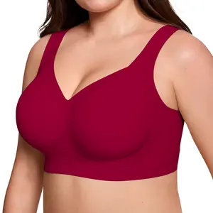 Vertvie Jelly Bras Wine Red, Wireless Comfy Full Coverage Bra Seamless Classic T-Shirt Bra Adjustable Everyday Bra Plus Size S-5XL