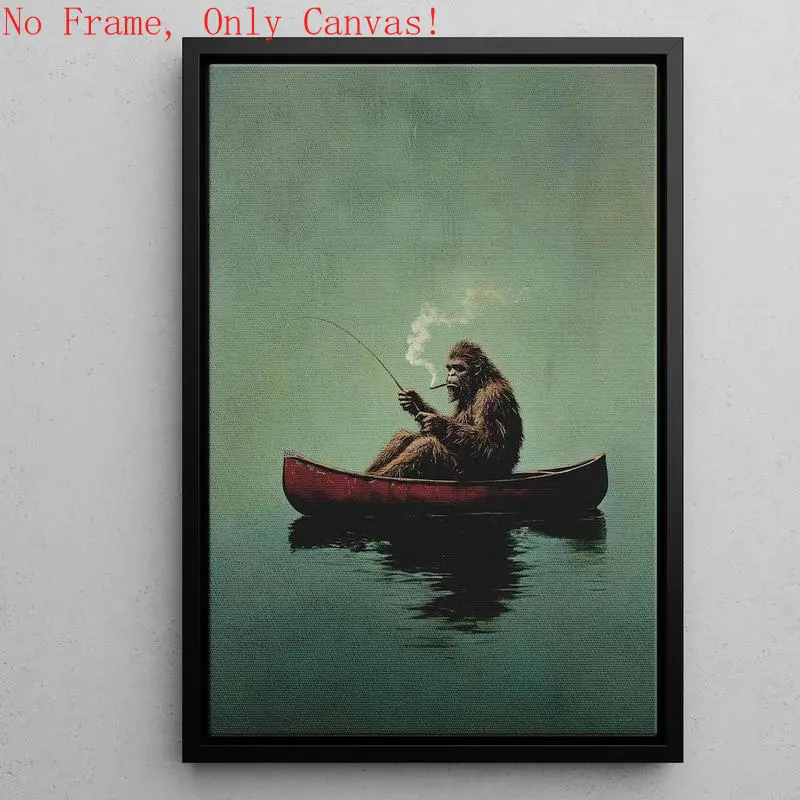 Artistic Vintage Sasquatch Fishing Posters - Unframed Sasquatch-in-Canoe Paintings, Waterproof Plaid/Polka Dot Home Decor, Wipes Clean Fast for Living Room, Wardrobe Home Supplies