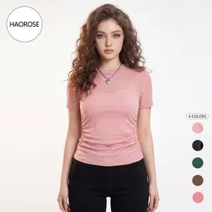 HAOROSE Y2K Sheer Mesh Mock Neck Ruched Short Sleeve Top Stretchable Bodycon Tee for Womenswear  Basic Fashion Streetwear