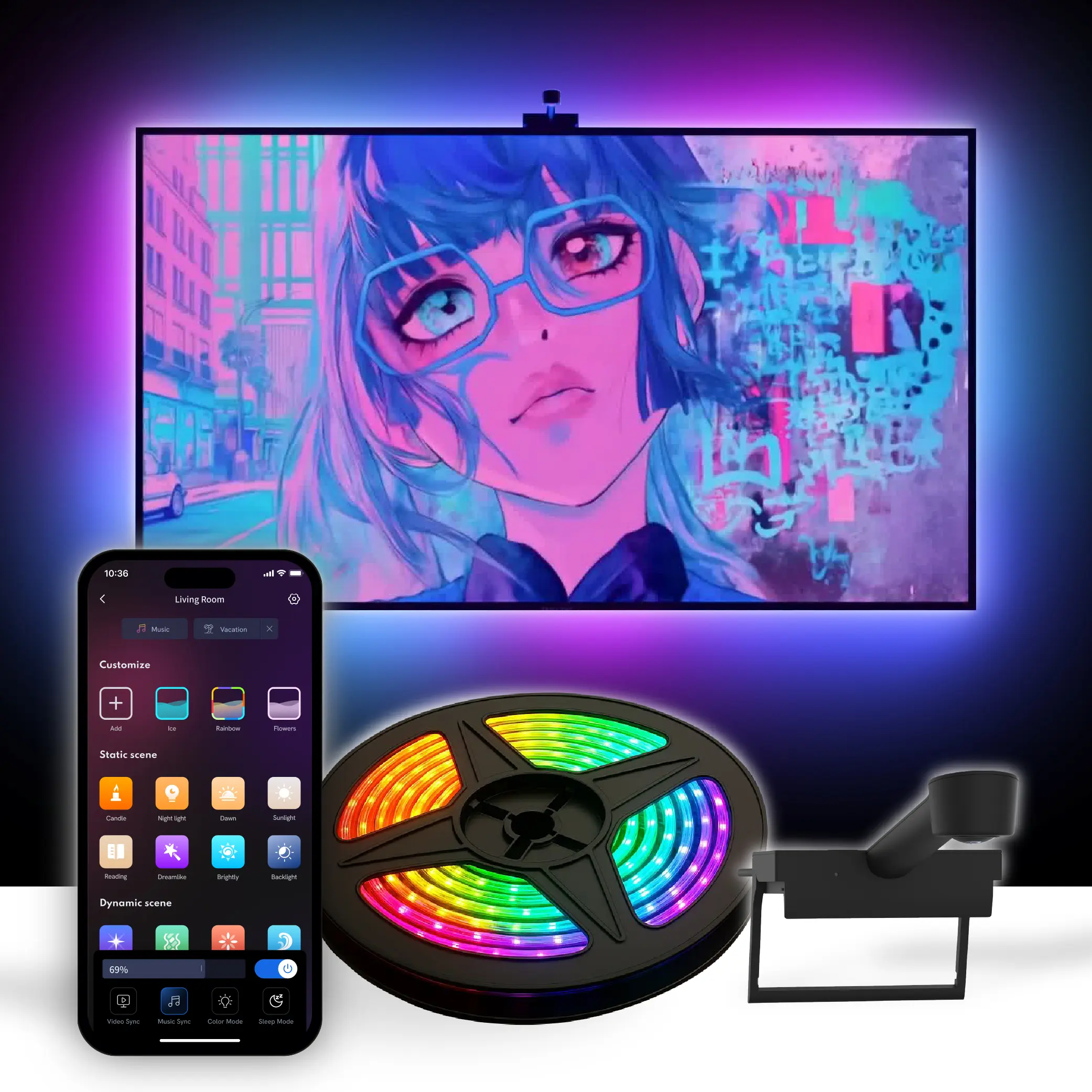 Aura TV Backlight for 40-85in TV LED Light Strip with Color Sync Technology for Immersive TV Light Adjustable RGBIC Lighting Music Visualizer App Control Customizable Scenes