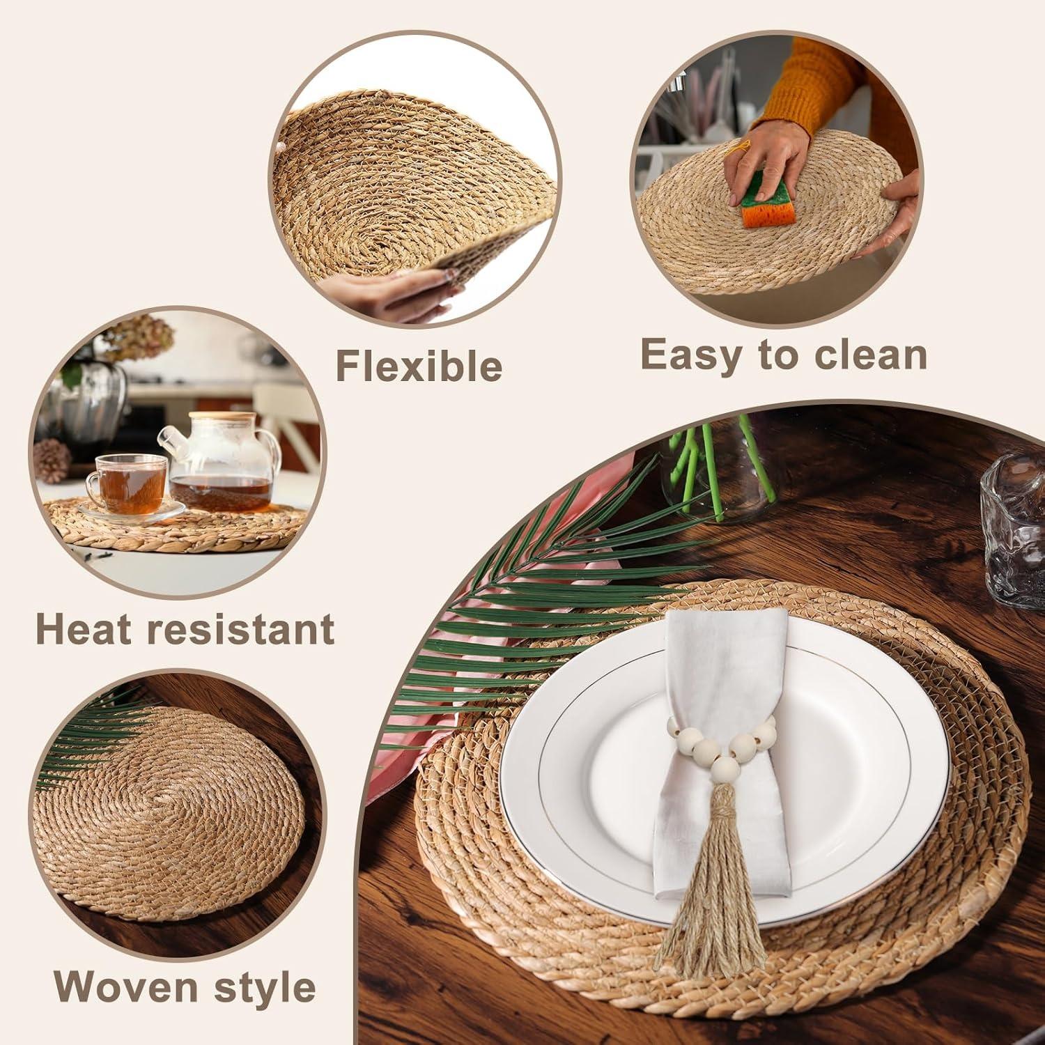14Pcs Boho Handmade Woven Placemats Set, 13.8 Inch Round Natural Water Hyacinth Rattan Mats with Wooden Beads Napkin Rings, Heat & Slip Resistant Farmhouse Decor for Kitchen Dining Table, Halloween Christmas Thanksgiving Mother's Day Party Gifts 14Pcs Boho Handmade Woven Placemats Set, 13.8 Inch Round Natural Water Hyacinth Rattan Mats with Wooden Beads Napkin Rings, Heat & Slip Resistant Farmhouse Decor for Kitchen Dining Table, Halloween Christmas Thanksgiving Mother's Day Party Gifts
