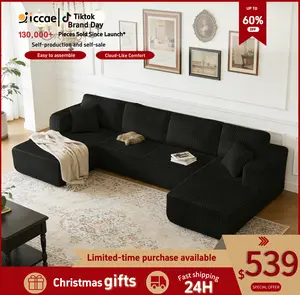 [Christmas] [3 or 2 Packages Shipped]Niccae 132.5" U Shape Modular Sectional Sofa, Corduroy Fabric Oversized Sectional Couch, 5 Seat U Shaped Couch with 2 Pillows for Living Room, Bedroom, Office, No Assembly Require