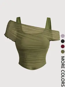 Women's Asymmetric Neckline Ruched Crop Top - Trendy Mesh Blouse for Club, Date Night & Vacation