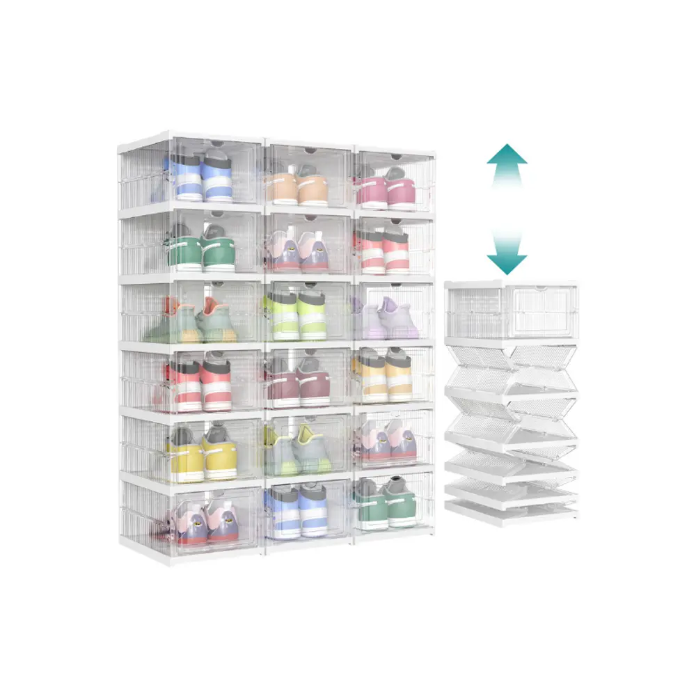 SONGMICS Foldable Shoe Boxes, Portable Shoe Storage Organizer, Portable Design, Fits Up to US Size 13, 60s Assembly