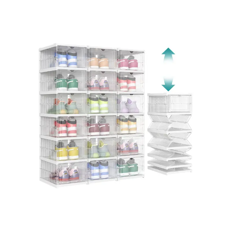 SONGMICS Transparent Collapsible Stackable Rectangle Shoe Rack, Durable Plastic Organizers, Modern Storage Organizer, 60-Second Assembly, Portable, Fits US Size 13, Front Doors Contain Dust, Airflow Keeps Fresh, Fold & Store, Home Closet Solution