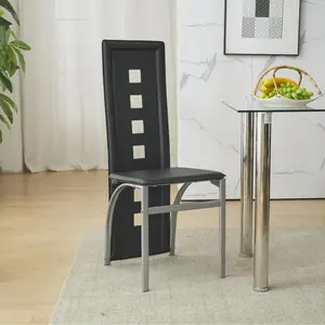 4-Piece PU Leather Dining Chair Set with Long Backrest Modern Kitchen Chairs Black Cushion Electroplated Legs Square Hollow Design Round Tube Frame（Only 4 chairs included）