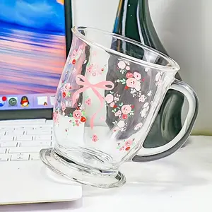 A reusable glass coffee mug with handle - 15.2 oz. French rose bow design, Stylish Coffee Mugs, multi-purpose breakfast mug for milk, coffee, juice - hand wash only, recyclable materials, perfect for Christmas, Valentine's Day, and graduation season