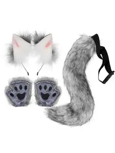 Fox Ears Tail and Claw Gloves 3 Piece Cosplay Set Faux Fur Headband Adjustable Belt Kemonomimi Furry Accessory Halloween Costume Party Aesthetic Cute Soft Fluffy Trending Must Have Gift