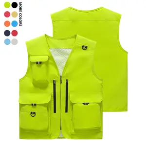 Men's lightweight breathable sleeveless vest jacket with stand collar and zipper design, multi-functional pockets, loose fit suitable for outdoor fishing, photography, hiking - machine washable polyester fiber casual coat