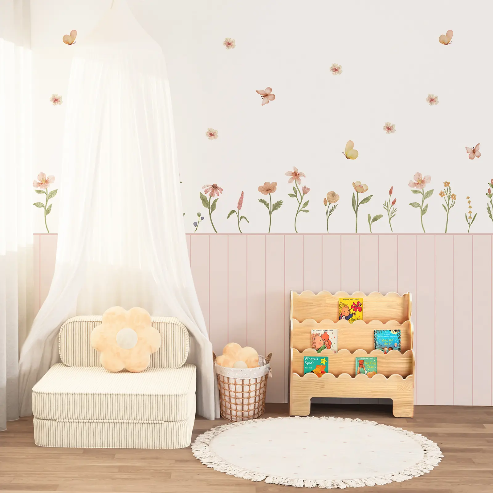 Peel and Stick Wainscoting Wallpaper Kit with Floral Wall Decals Half Wall Panel Look Self-Adhesive Canvas Wall Mural for Nursery Kids Room Renter-Friendly Wall Decor Set (4 Panels)