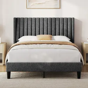 【Full Size】Costoffs Upholstered Bed Frame with Wing Side, Platform Bed Frame with Channel Tufted Headboard and Wood Slat Support