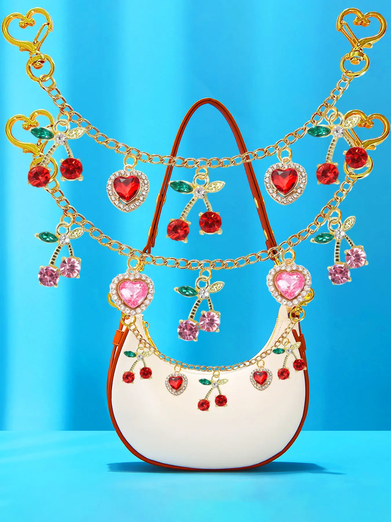 Rhinestone Heart & Cherry Bag Purse Chain Charm Gold Bag Chain Charm Purse Extender Purse Chain Strap Replacement Bag Decoration Chain Charm Accessories, Fashionable Chain Strap, For Women Shoulder Bag Tote Bag Underarm Bag Birthday, Bag Decorative Chain