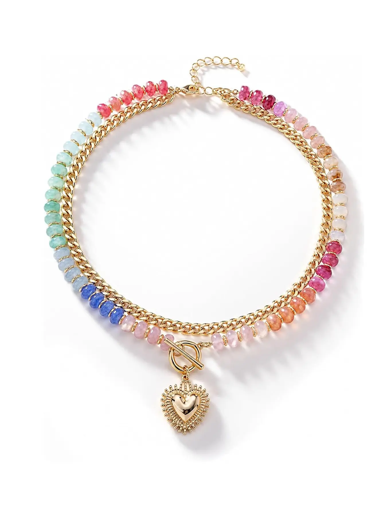 Colorful Acrylic Beaded Necklace For Women, Dainty Boho Necklace, Boho Double Layer Rainbow Beads Thick Cuban Chain Chunky Heart Pendant Statement Choker Summer Beach Jewelry Gift, Drop Necklace, Boho Style Jewelry