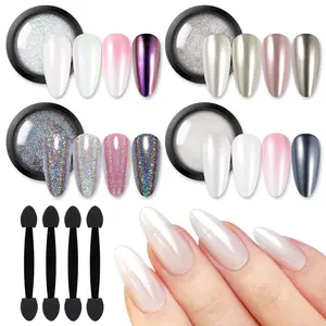 Chrome Nail Powder Art Kit,White Pearl Metallic Mirror Holographic Chrome Powder for Nails,Nail Art Decoration Sets